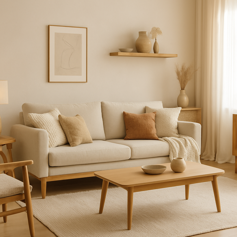 Scandinavisch interieur met houten meubels en warme tinten in natuurlijk licht