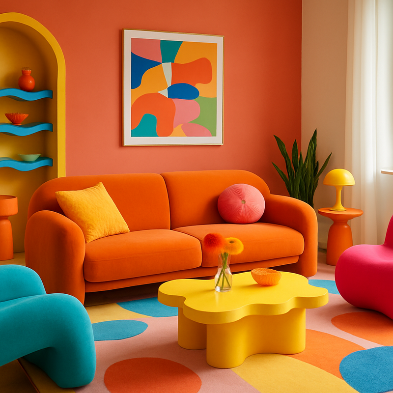 Felgekleurde rondvormige meubels in een lichte woonkamer, illustratie van dopamine decor interieurstijl