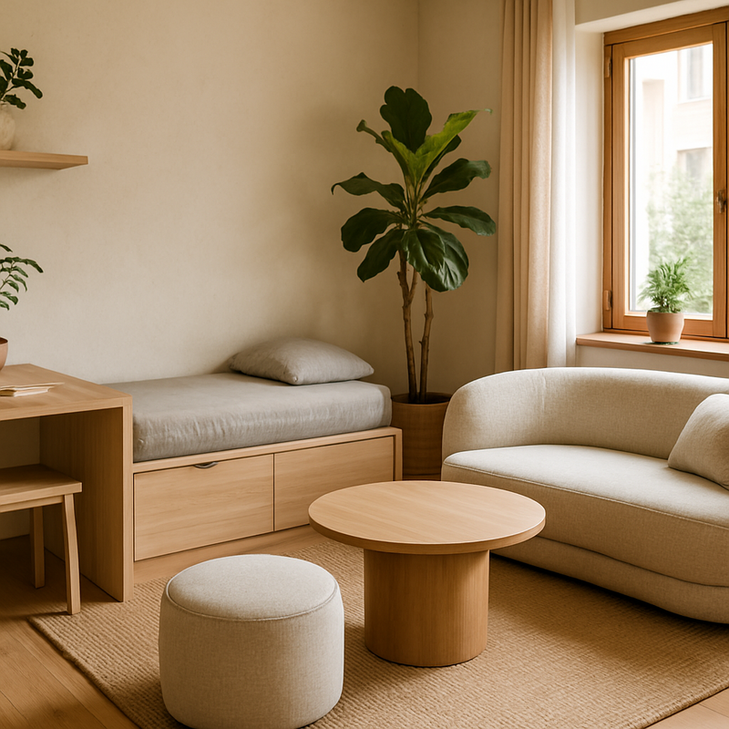 Compacte woonkamer met multifunctionele meubels, ronde vormen, planten en veel daglicht