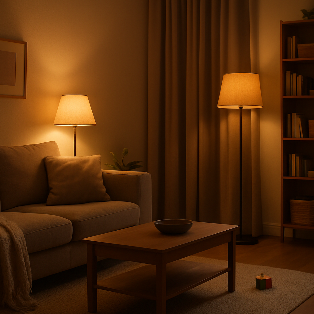 Een gezellige en stijlvolle woonkamer in de avond, met zachte sfeerverlichting die bijdraagt aan een gevoel van rust. Een subtiele aanwijzing van kinderactiviteit, zoals een verdwaalde bouwsteen, geeft de familiale sfeer weer, terwijl de kamer desondanks opgeruimd en harmonieus oogt.