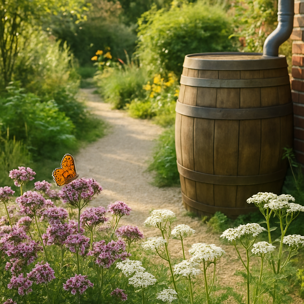 Close-up fotografie van een bloeiende tuin in Nederland, met paarse wilde marjolein en witte duizendblad in de voorgrond, waar een bij op nectar zoekt. Op de achtergrond is vaag een houten regenton en een pad van grind te zien. De tuin oogt rustig, levendig en duurzaam.