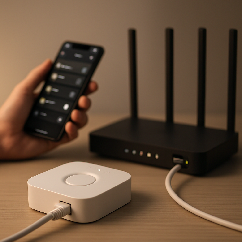 Een close-up van een Philips Hue Bridge die met een ethernetkabel is verbonden met een Wi-Fi router. Op de achtergrond is vaag een hand te zien die een smartphone vasthoudt.
