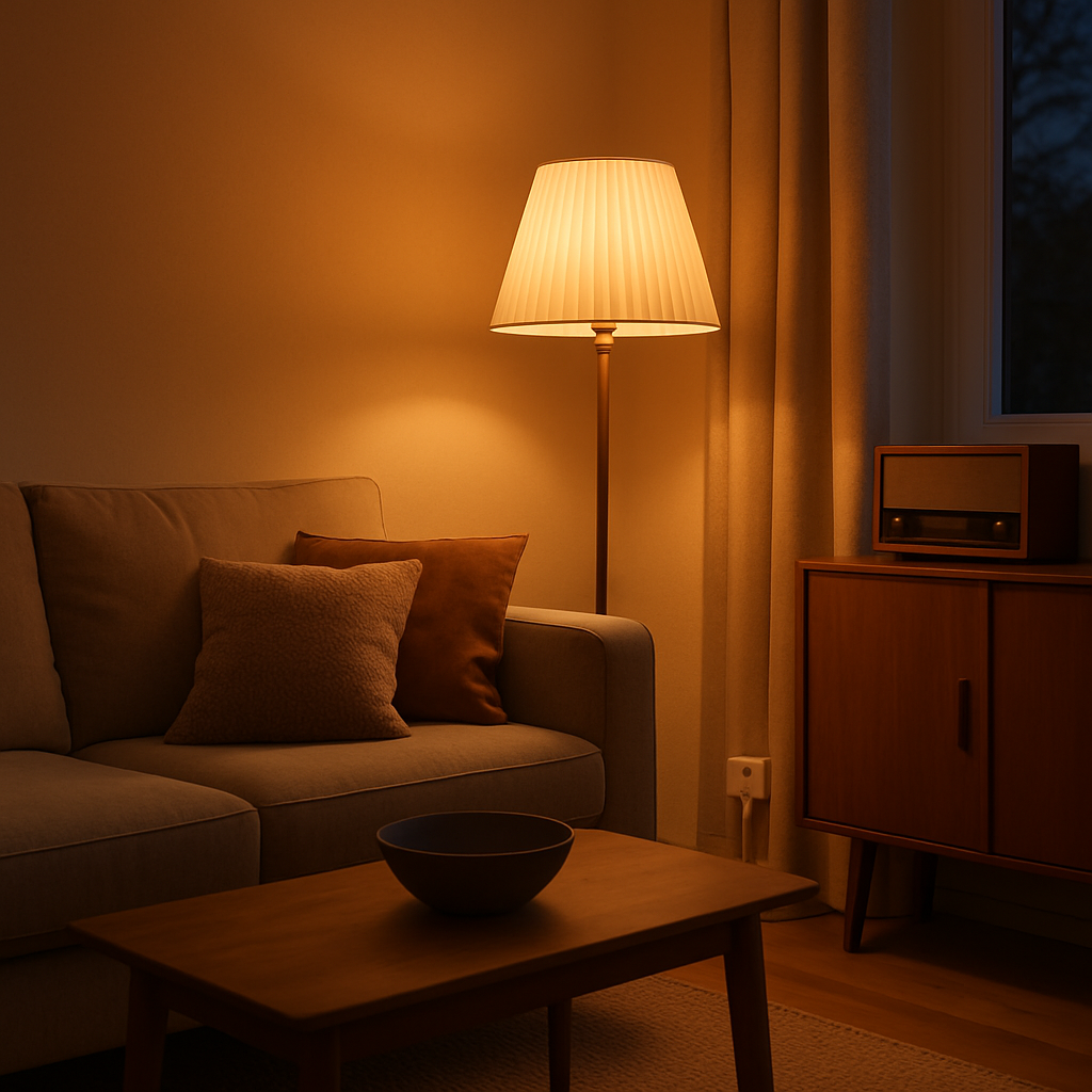 Een serene woonkamer bij schemering, verlicht met zachte, adaptieve slimme verlichting. Een Philips Hue slimme stekker is discreet zichtbaar, aangesloten op een staande lamp, wat de harmonieuze integratie van technologie in huiselijke comfort illustreert.