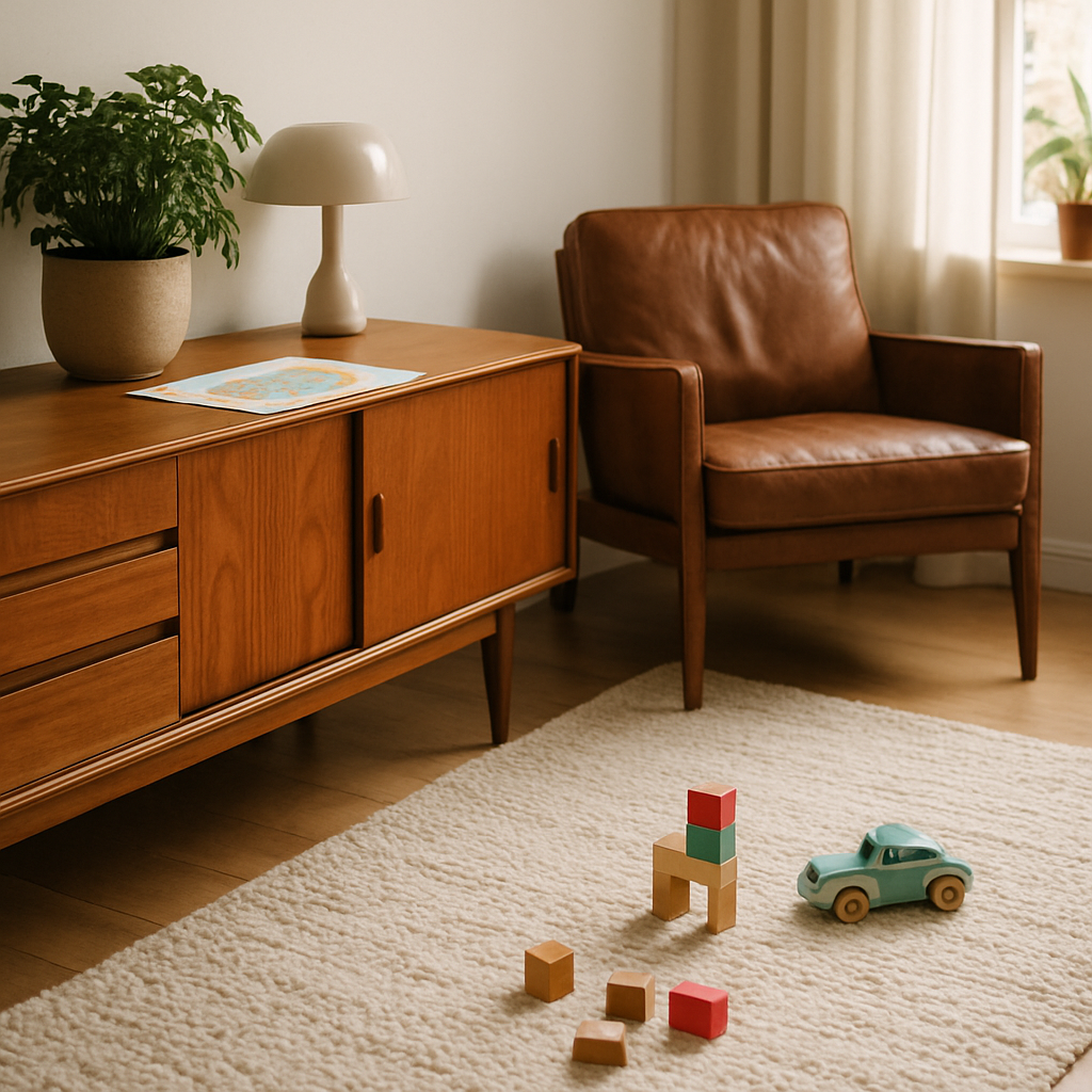 Een zonnige mid century modern woonkamer met een laag dressoir waarop kindertekeningen liggen, een wollen vloerkleed met houten speelgoed en een leren fauteuil. De ruimte is stijlvol en kindvriendelijk.