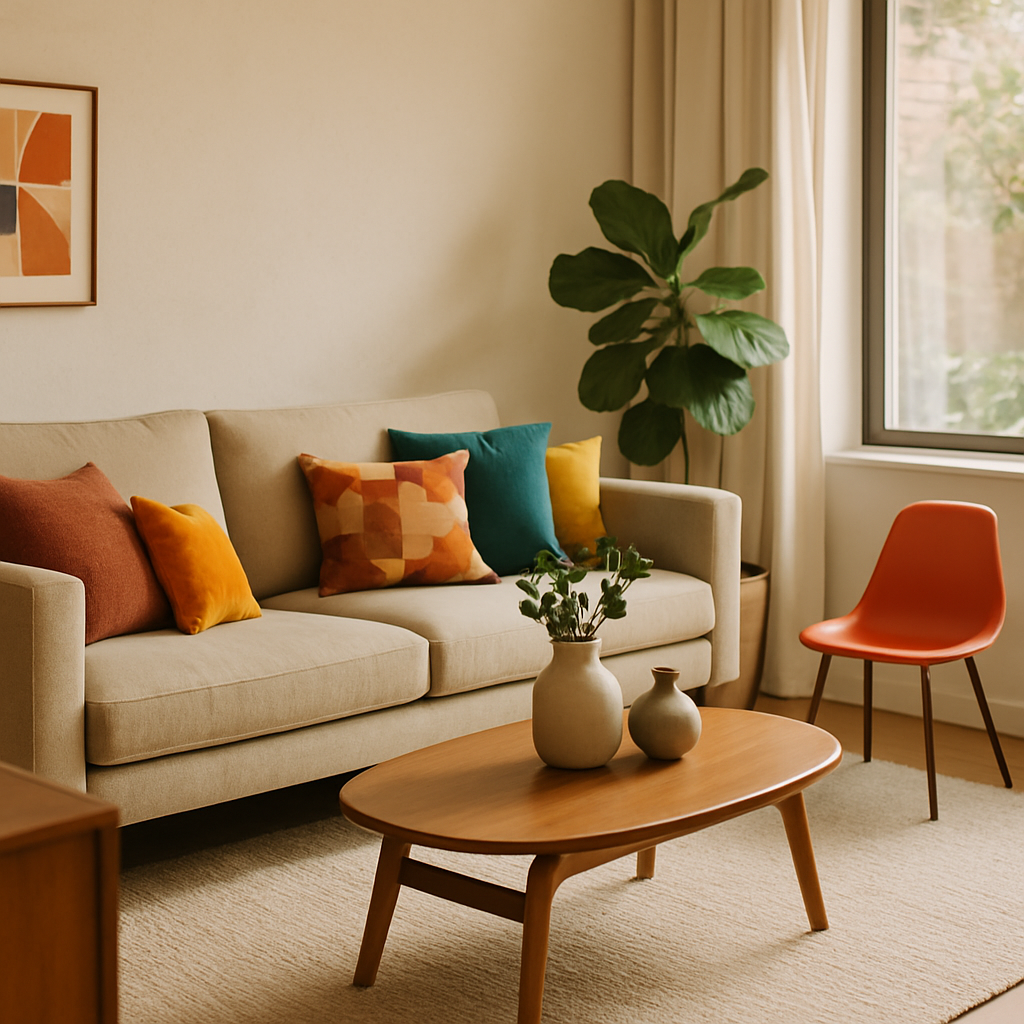 Een gezellige mid-century modern woonkamer met een neutrale bank, kleurrijke kussens, een lage houten salontafel en een organische Eames stoel. Het geheel straalt warmte en functionaliteit uit.