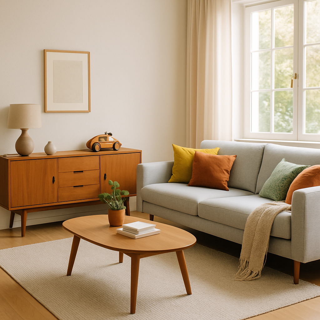 Een ruime, lichte woonkamer met mid century modern design. Een lange, lage houten dressoir staat tegen de muur. Ervoor staat een zachtgrijze stoffen bank met kussens in verschillende kleuren. Een organisch gevormde salontafel is geplaatst op een licht tapijt. De kamer straalt rust en tijdloze elegantie uit, met subtiele elementen die duiden op een gezinsleven.