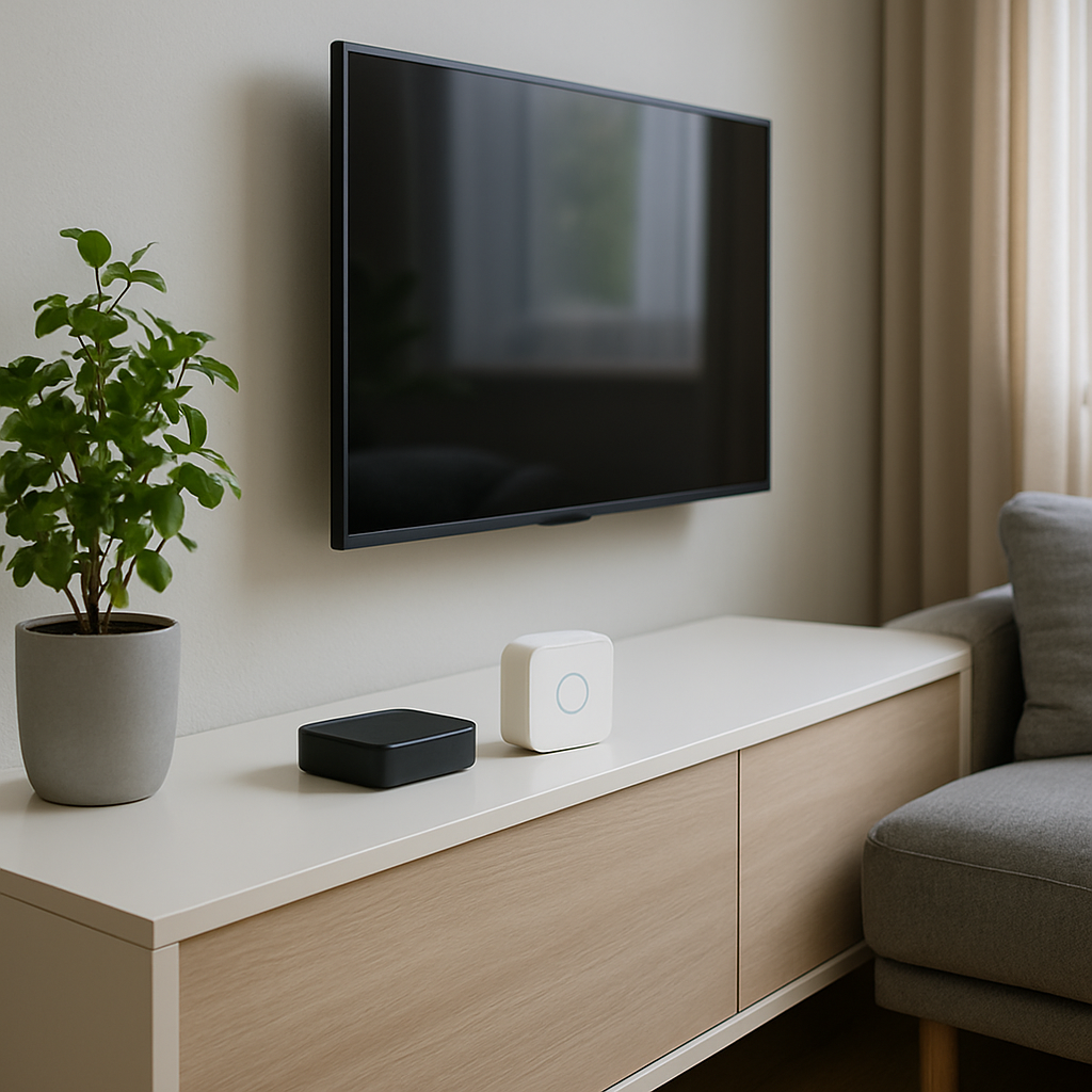 Een overzicht van een netjes ingerichte, moderne woonkamer met een witte, compacte wifi-router en een kleine smart home bridge discreet geplaatst op een licht houten dressoir. De omgeving is licht en opgeruimd, wat een goede signaaldekking suggereert.