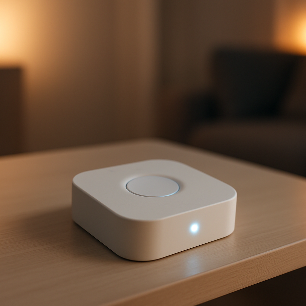 Een close-up foto van een compacte, witte Philips Hue Bridge met een zacht oplichtend lampje, geplaatst op een moderne, lichte ondergrond met een vaag verlichte, sfeervolle achtergrond van een woonkamer.