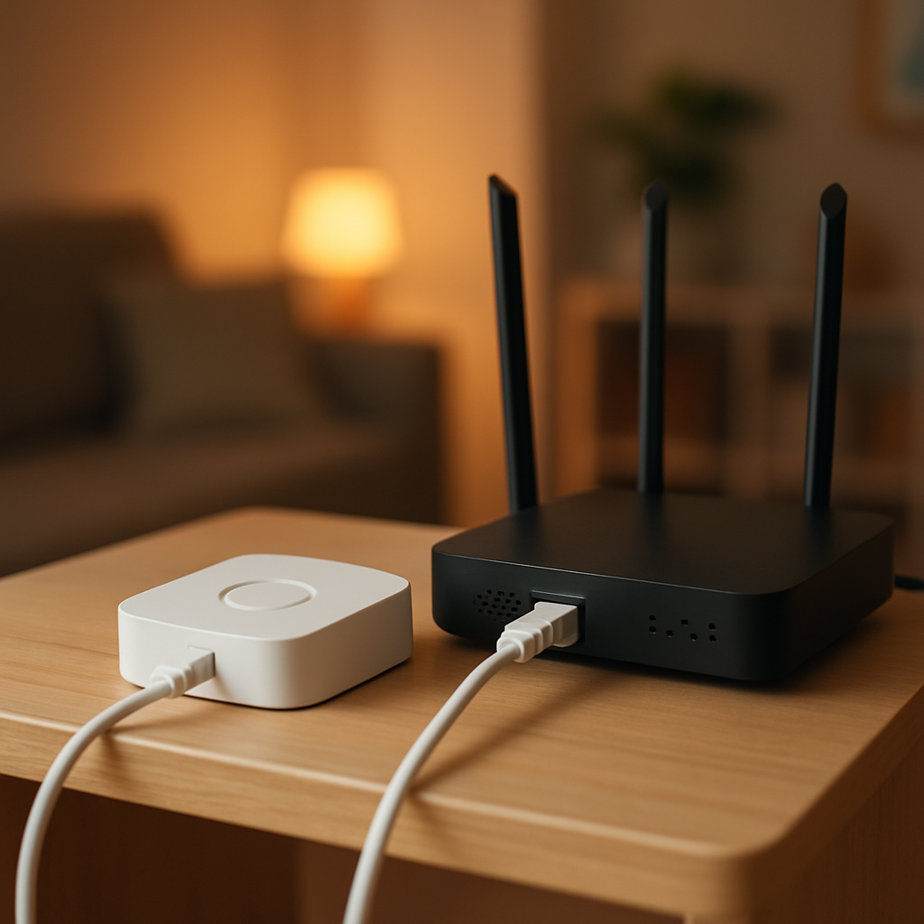 Een Philips Hue Bridge verbonden met een router, subtiel geplaatst op een houten plank in een modern interieur, met zacht Hue licht op de achtergrond.