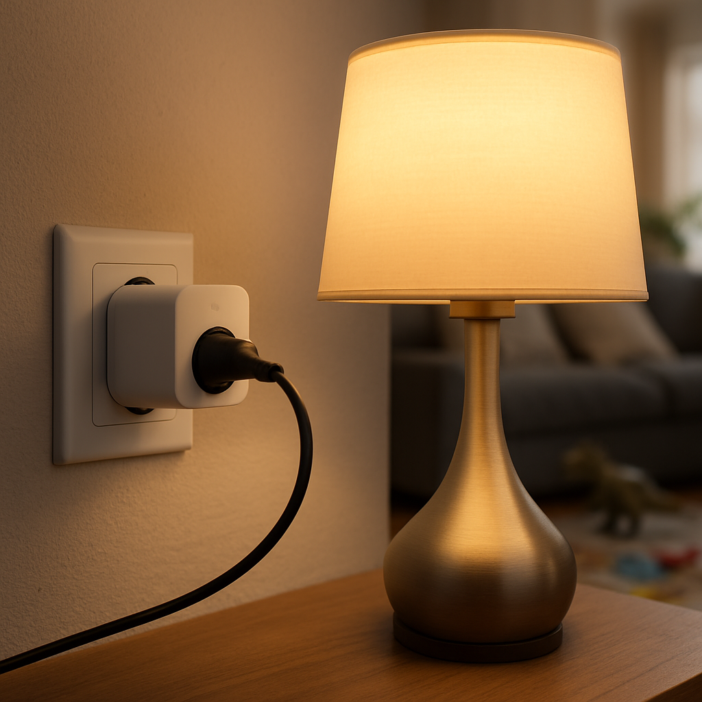 Een close-up foto van een compacte witte slimme stekker in een stopcontact, met een moderne, elegante tafellamp erin geplugd. De lamp straalt een warme gloed uit en staat op een houten bijzettafel. Op de achtergrond is een subtiele hint van een gezellige woonkamer met meubels te zien, wat een levendig gezinsleven suggereert.