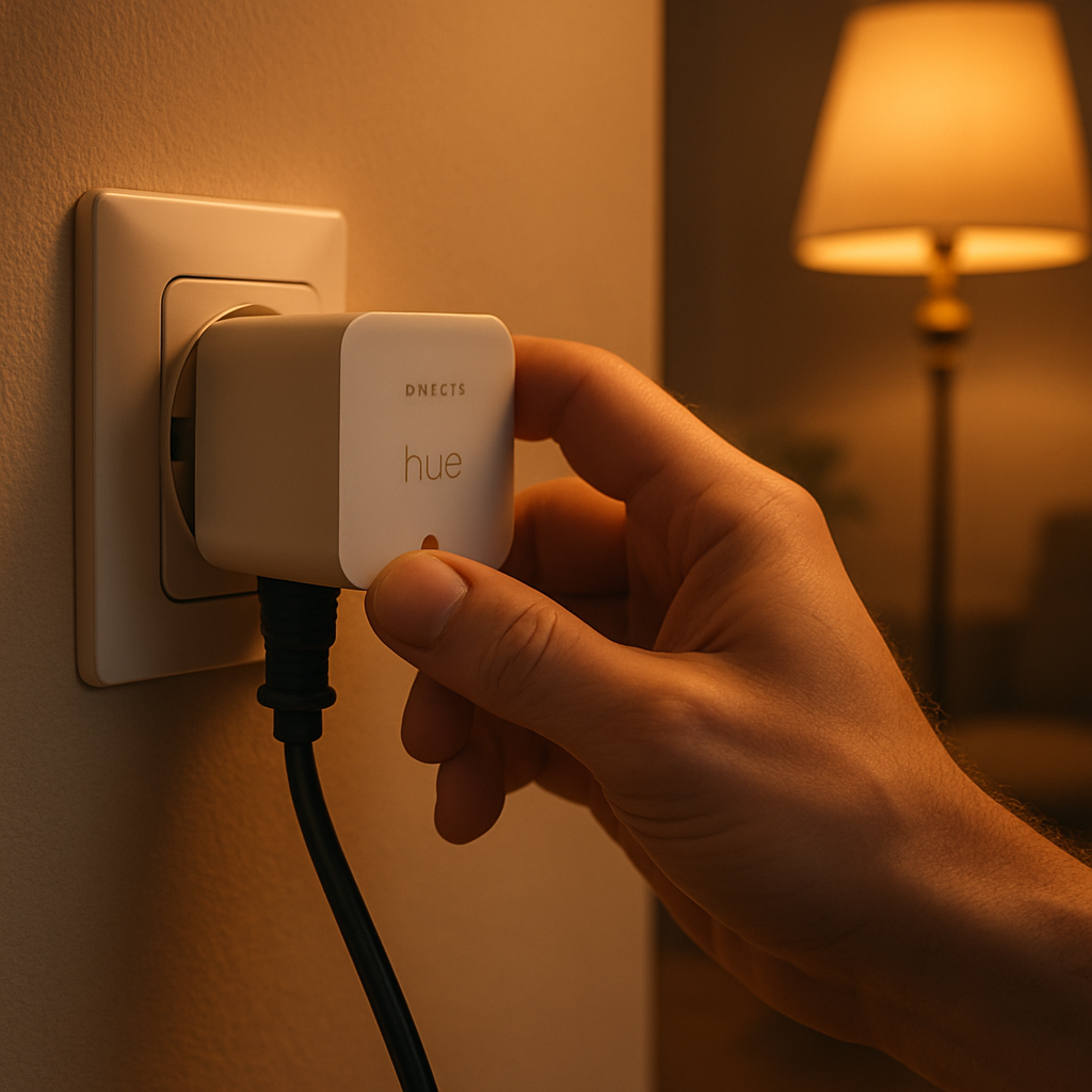 Een close-up van een hand die een witte Philips Hue slimme stekker in een stopcontact steekt, met een aangesloten vloerlamp op de achtergrond in een sfeervolle woonkamer.