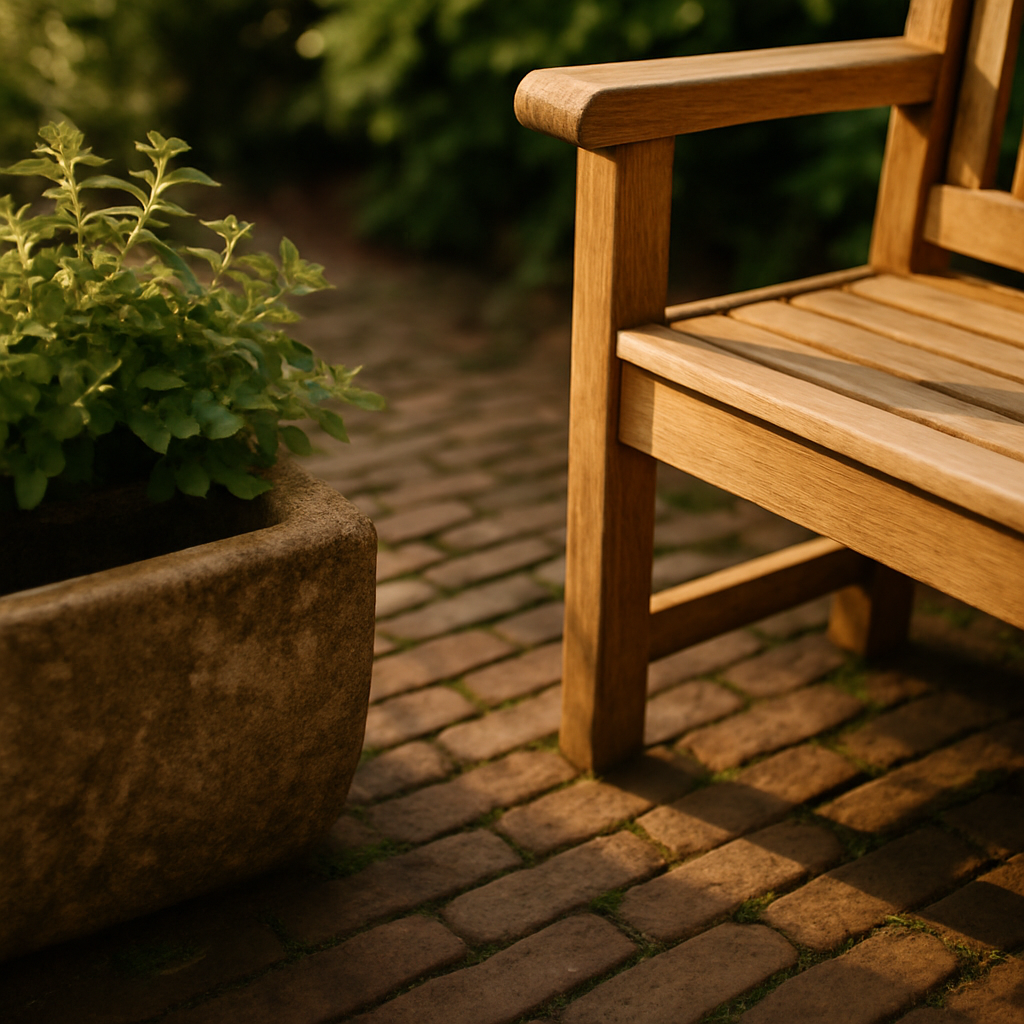 Een detailopname van een tuinpad van oude, verweerde klinkers naast een gerestaureerde houten tuinbank, met een antieke stenen waterbak op de voorgrond waar groene planten uit groeien. De warme zon benadrukt de texturen.