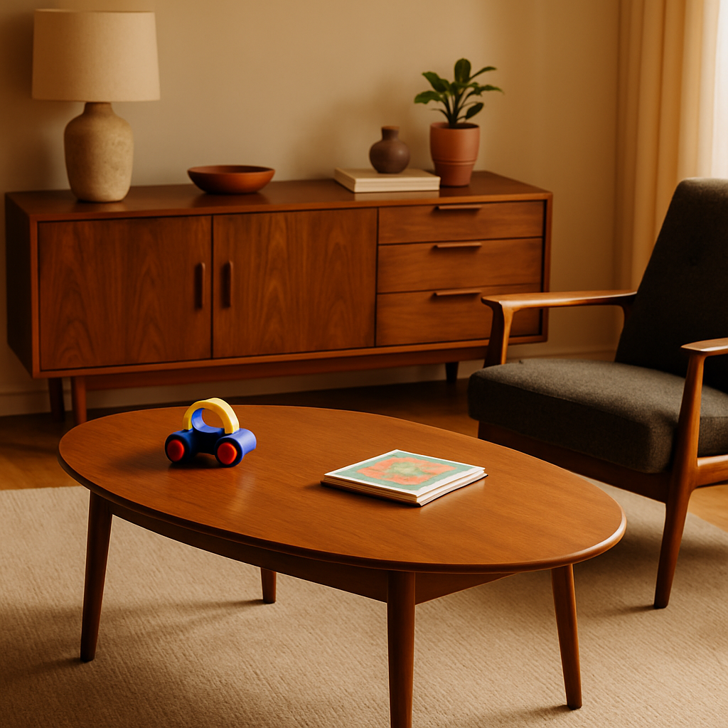 Een warme, uitnodigende mid century modern woonkamer met een stevige ovale salontafel van teakhout en een robuust houten dressoir. De meubels stralen duurzaamheid en functionaliteit uit, perfect voor een gezin.