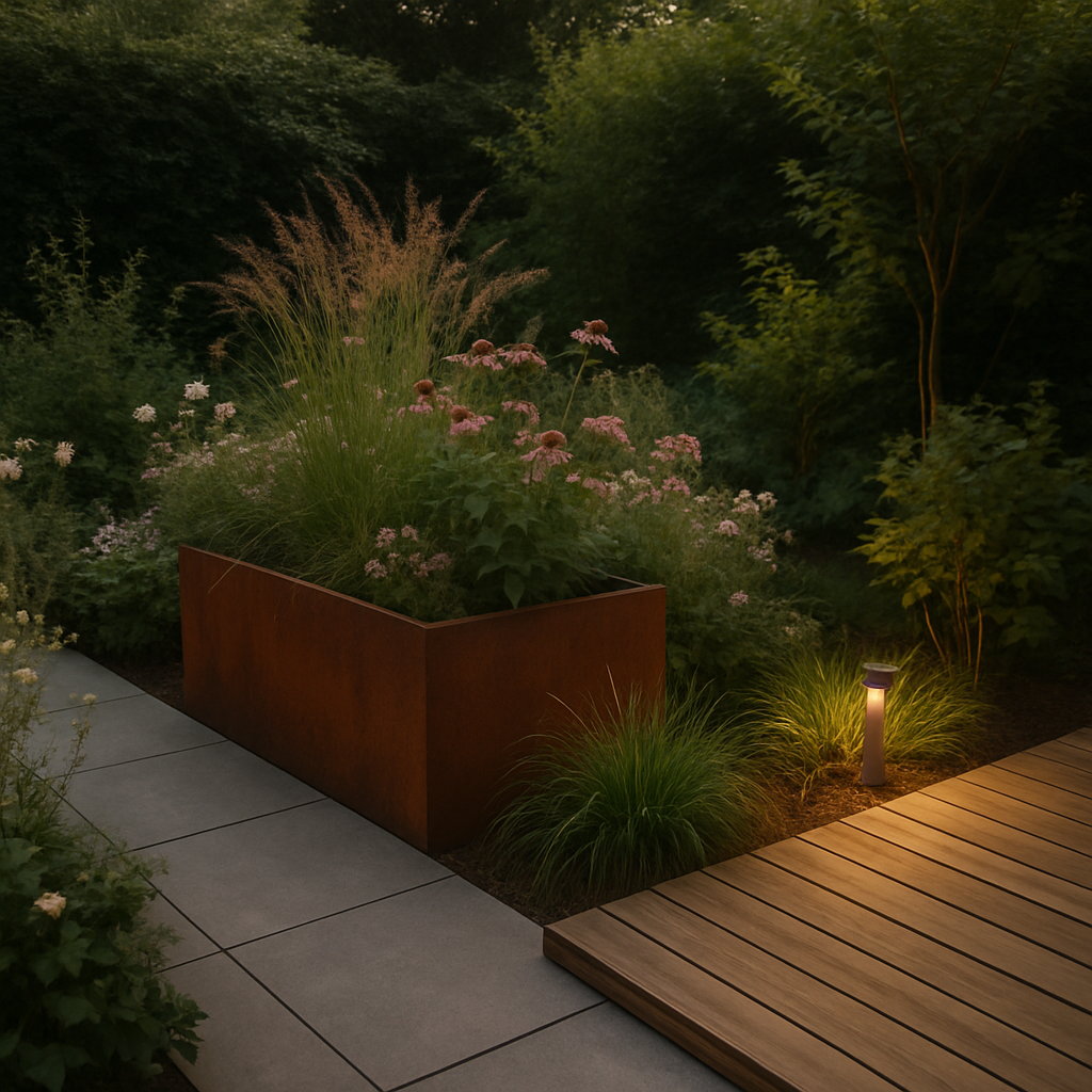 Een rustige tuinscène met houten vlonders, zachtgrijze bestrating en een robuuste cortenstalen plantenbak. Groene planten en bloemen dragen bij aan de natuurlijke esthetiek, verlicht door zachte, warme tuinlampen in de schemering.