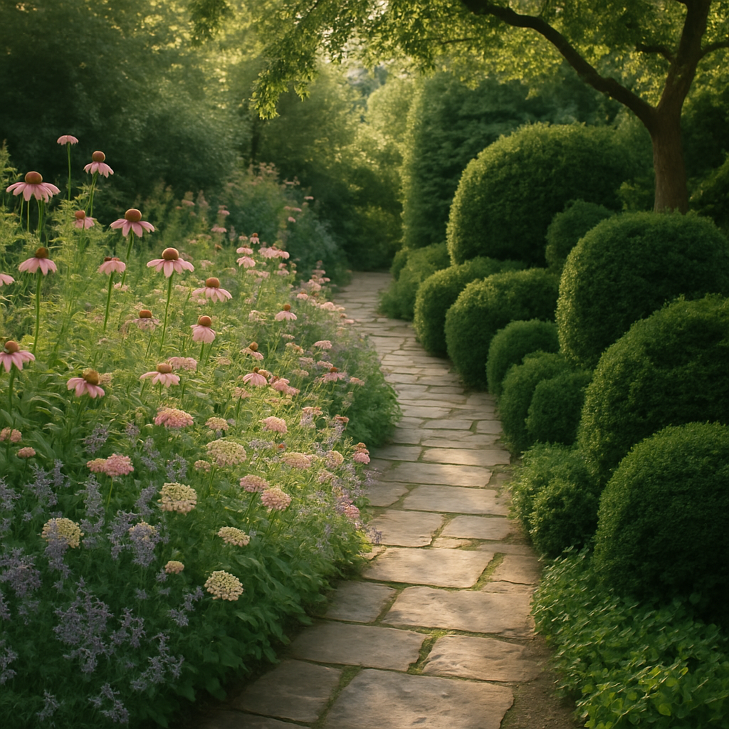 Een kronkelend pad van natuursteen, omzoomd door een mix van bloeiende cottageplanten en strakke groenblijvende struiken, met zonnestralen die door bladeren filteren. Het beeld straalt rust en ambacht uit.