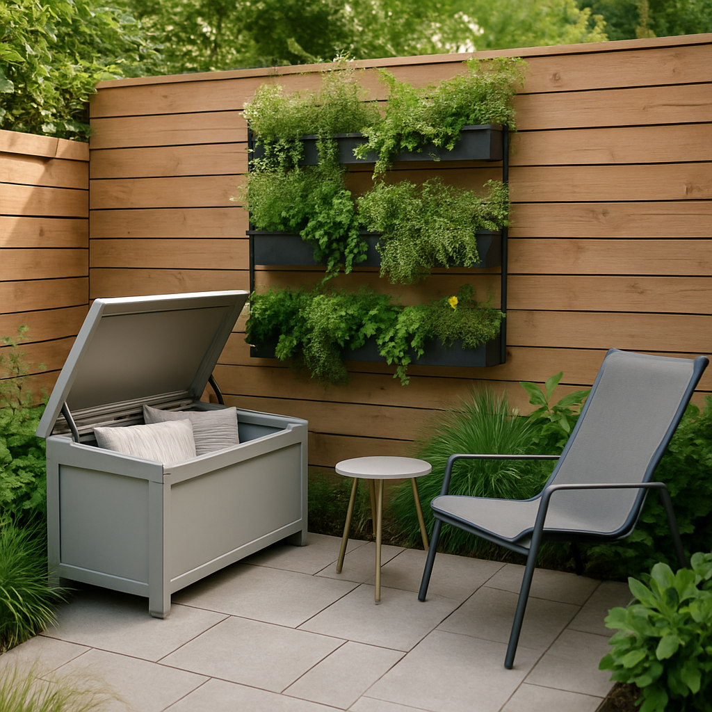 Een opgeruimde en functioneel ingerichte kleine stadstuin in Nederland, met een verticale plantenwand aan de schutting, een bank met opbergruimte en lichtgewicht meubilair.