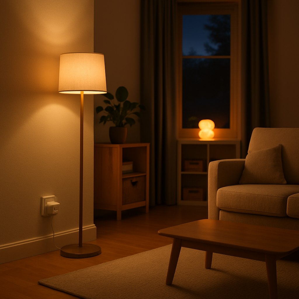 Een modern interieur bij schemering, met gedimd warm licht van een vloerlamp en een nachtlampje in de verte, wat een rustige sfeer creëert.