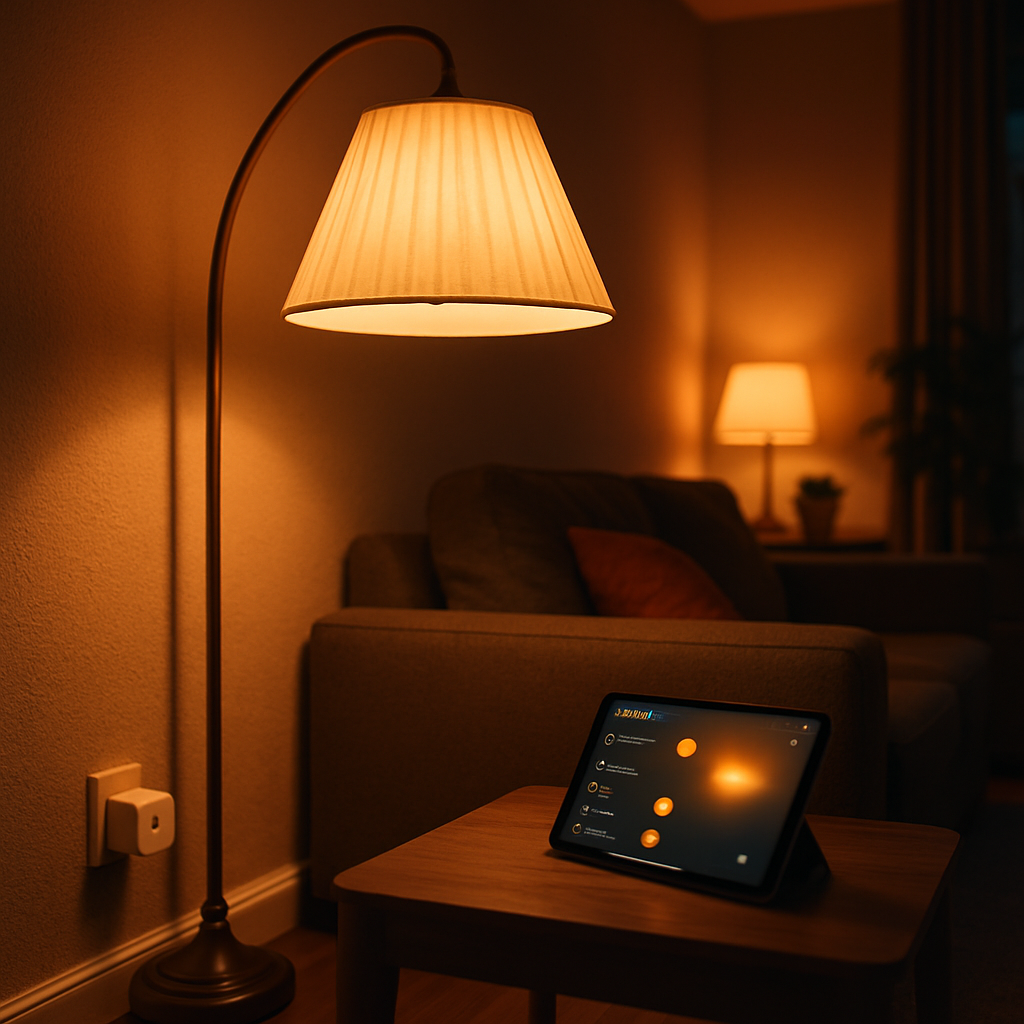 Een gezellige woonkamer in de schemering, waarbij een klassieke booglamp via een Philips Hue slimme stekker is geïntegreerd in het slimme verlichtingssysteem en warm licht uitstraalt. Een tablet op de salontafel toont een smart home app interface.
