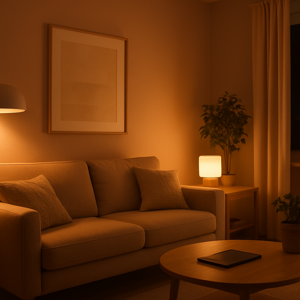 Een warme, modern ingerichte woonkamer met zachte slimme LED-verlichting die een uitnodigende sfeer creëert. Een tablet ligt op de salontafel, wat verwijst naar de bediening van de verlichting.