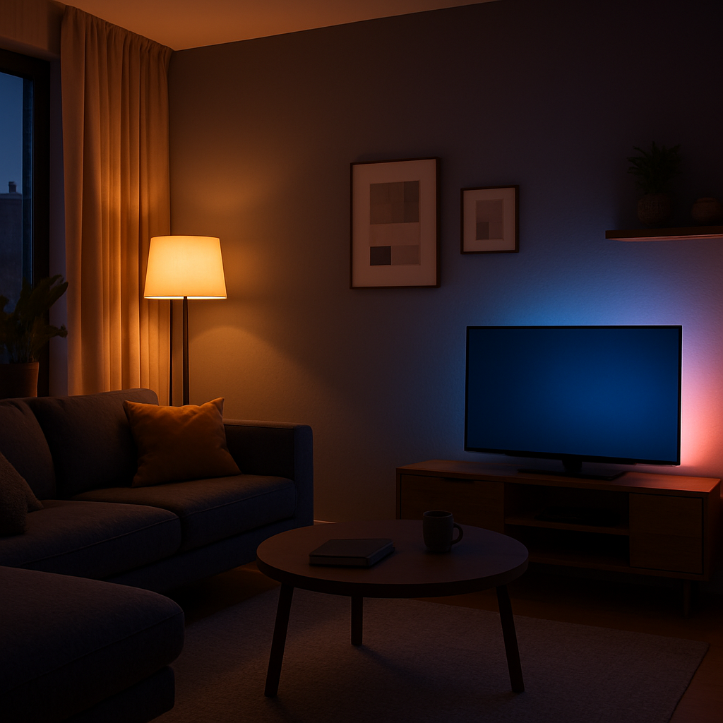 Een sfeervolle moderne woonkamer in de schemering, verlicht met dynamische smart home verlichting die verschillende warme en koele tinten combineert voor een gepersonaliseerde ambiance.