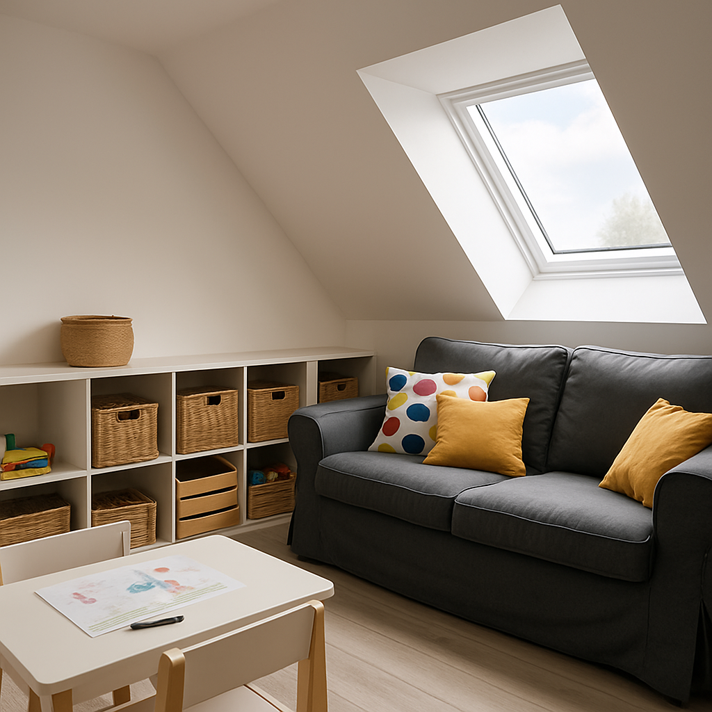 Een modern ingerichte zolderkamer met lichte, schuine wanden, een donkergrijze bank met wasbare hoezen, ingebouwde opbergkasten onder de schuine kappen gevuld met speelgoedmanden en een lichtkleurige laminaatvloer, wat de balans tussen stijl en kindvriendelijkheid benadrukt.