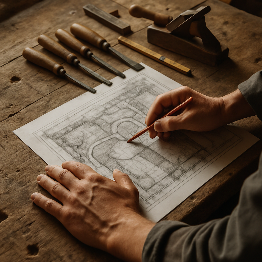 Een detailopname van een werkbank in een traditionele houtwerkplaats, waar de handen van een vakman met een potlood over een gedetailleerde blauwdruk van een tuinontwerp rusten. Op de achtergrond liggen klassieke gereedschappen zoals beitels en een schaaf.