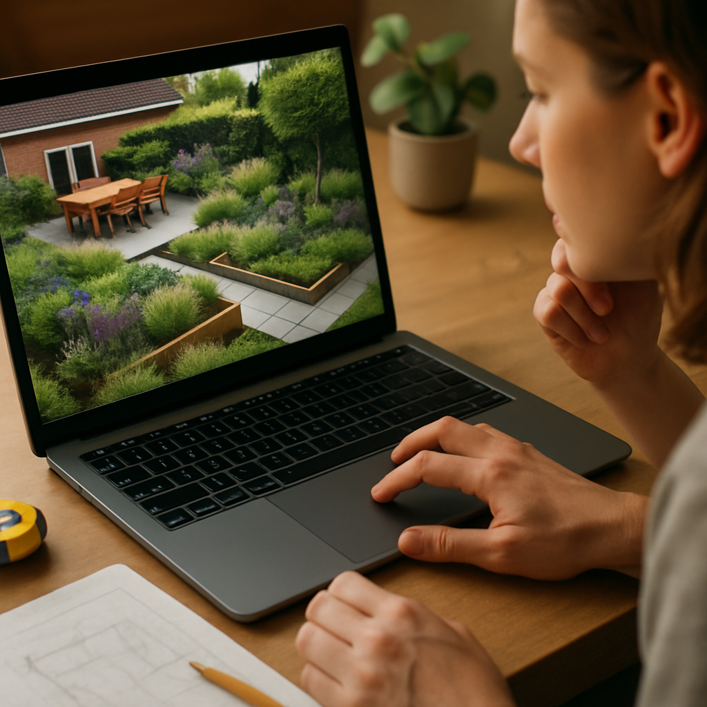 Een persoon werkt op een laptop aan een tuinontwerp met software, waarbij een 3D-visualisatie van een groene, functionele tuin met bestrating en planten op het scherm zichtbaar is. Een rolmeter en een kamerplant liggen in de wazige achtergrond.