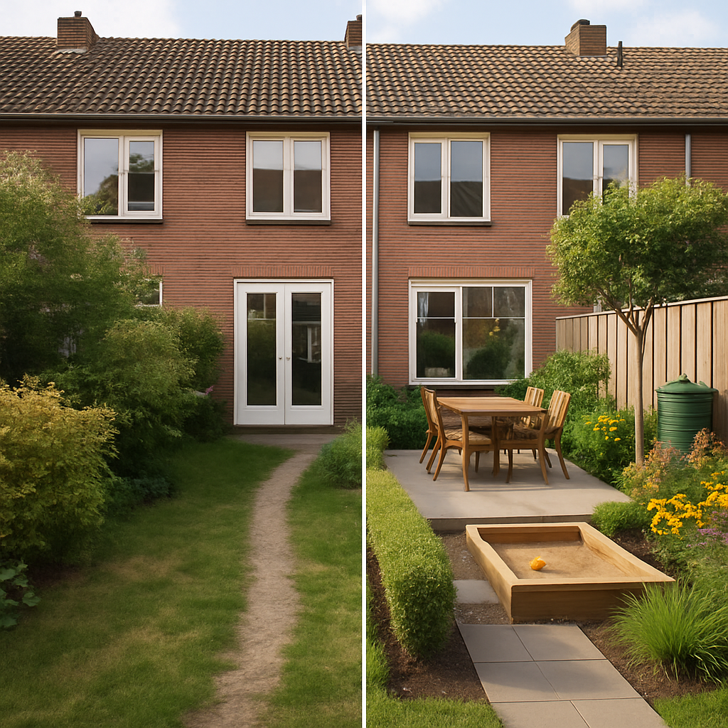 Een gesplitste foto van een Nederlandse rijtjeshuistuin. De linkerkant toont de bestaande tuin, de rechterkant een digitale weergave van dezelfde tuin met een geoptimaliseerd ontwerp inclusief zithoek, speelplek en regenton.