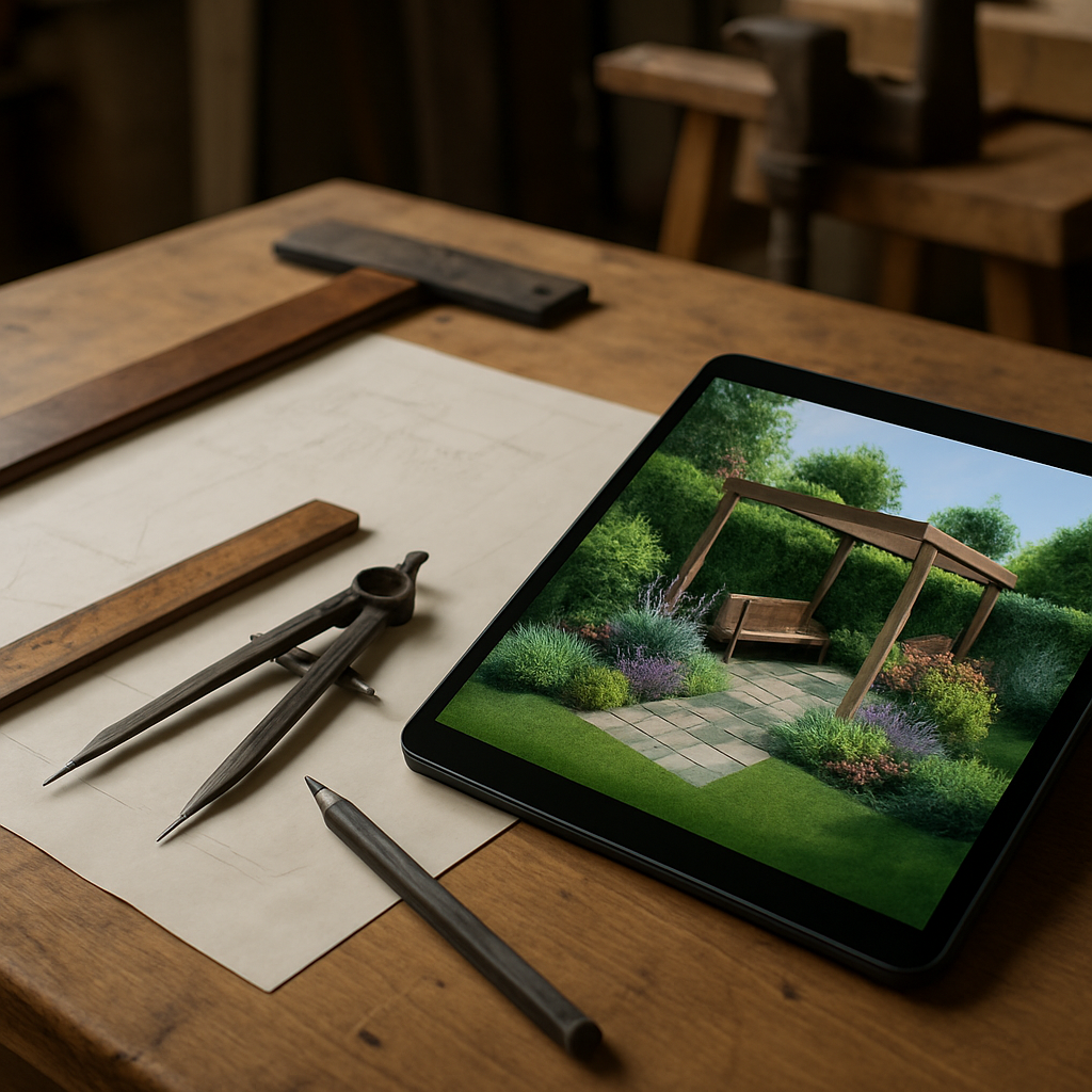 Een werkbank in een ambachtelijke werkplaats met klassieke tekeninstrumenten zoals een potlood, liniaal en passer, naast een moderne tablet die een 3D-tuinontwerp toont. Achtergrond toont onscherpe gereedschappen.