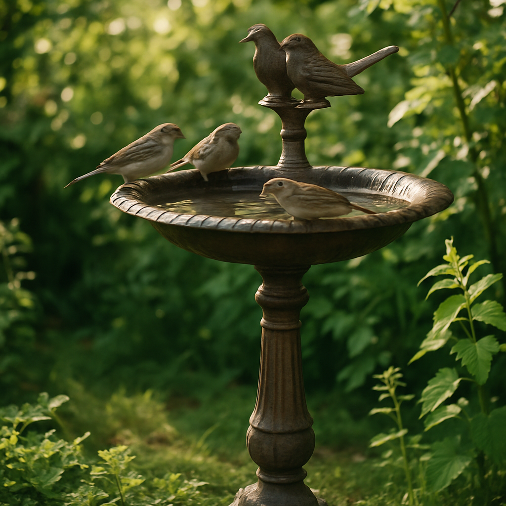 Een close-up van een oud, gietijzeren vogelbad dat zorgvuldig is gerestaureerd en nu staat in een groene, zonnige tuin. Vogels drinken uit het bad. Het toont de mix van ambacht en natuur.