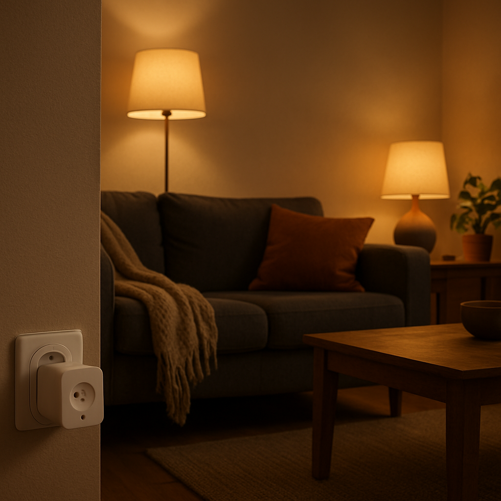 Een sfeervol verlichte woonkamer met een comfortabele bank en twee staande lampen die zacht, warm licht verspreiden, wat een uitnodigende en knusse ambiance creëert.