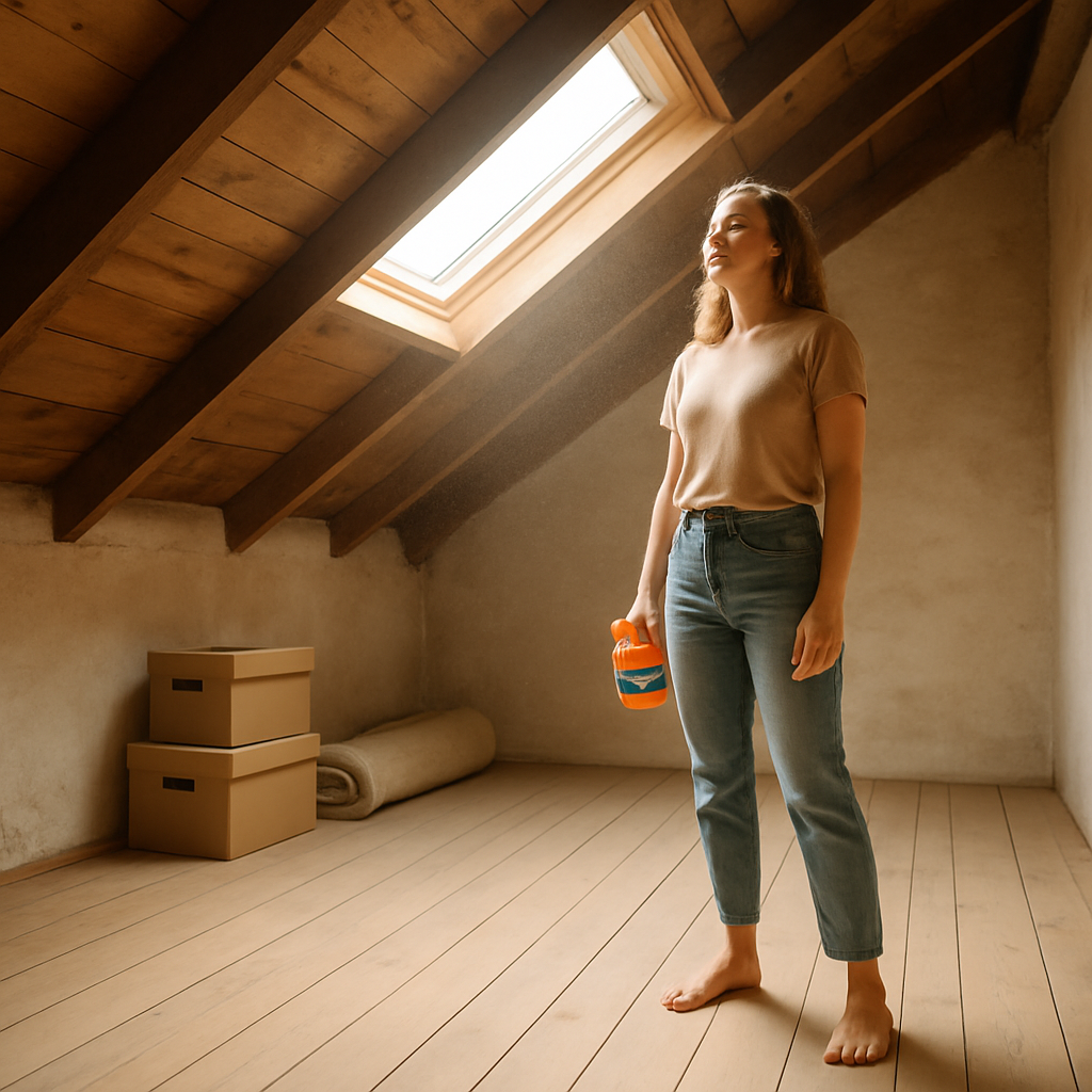Een moeder staat in een zonnige, opgeruimde zolderkamer, kijkt dromerig naar het licht, met een kinderspeeltje in haar hand, symboliserend de overgang van rommel naar potentieel.