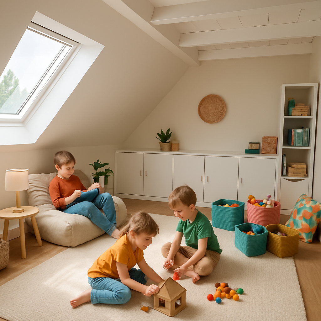 Een lichte, gerenoveerde zolderkamer waar kinderen spelen en lezen. Een tiener leest in een zitzak bij het raam, terwijl twee jongere kinderen op een kleed spelen met opgeruimd speelgoed in kleurrijke manden. De ruimte heeft schuine daken en ingebouwde kasten.