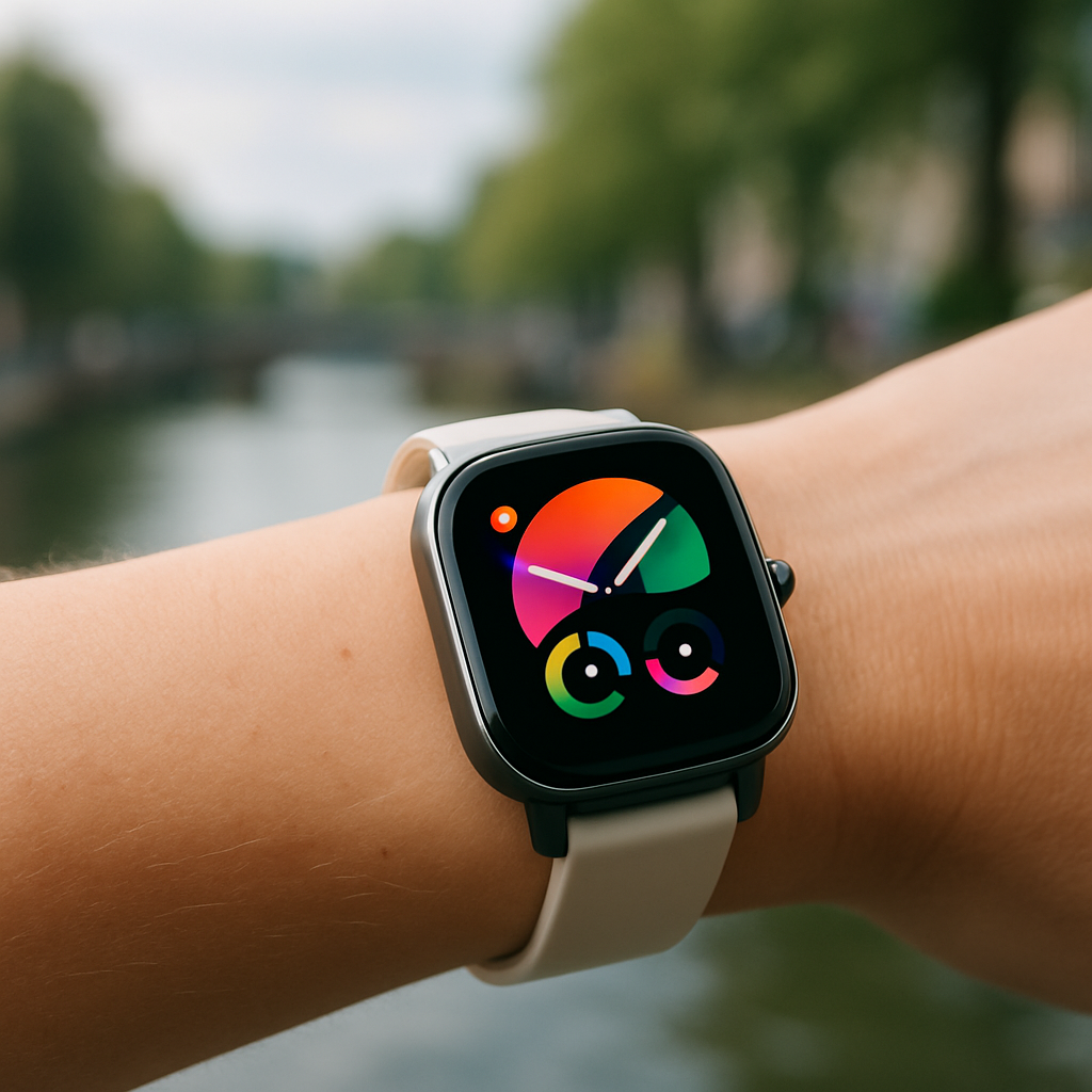 Een close-up van de Amazfit GTS 2 mini om de pols van een persoon. Het horloge heeft een slank, vierkant design en een helder, kleurrijk AMOLED-scherm dat een dynamische wijzerplaat toont. De achtergrond is zacht gefocust en suggereert een stedelijke, Nederlandse omgeving.