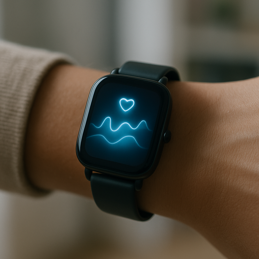 Een close-up van een pols met een elegant zwart sporthorloge dat abstracte gezondheidsgegevens toont, oplichtend met een zacht licht.