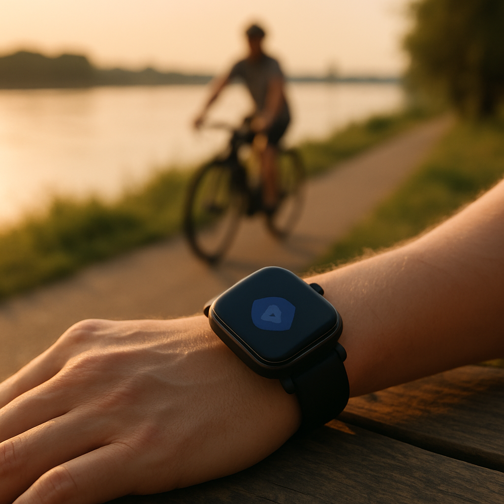 Close-up van een slanke smartwatch op een pols, met een onscherpe achtergrond van een fietser langs een Nederlandse rivier in het avondlicht, symboliserend sport en ontspanning.