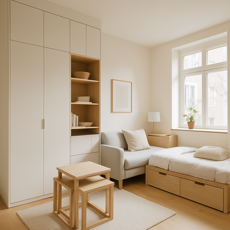 Kleine Nederlandse woning met ingebouwde kasten en stapelbare multifunctionele meubels in strak, minimalistisch interieur