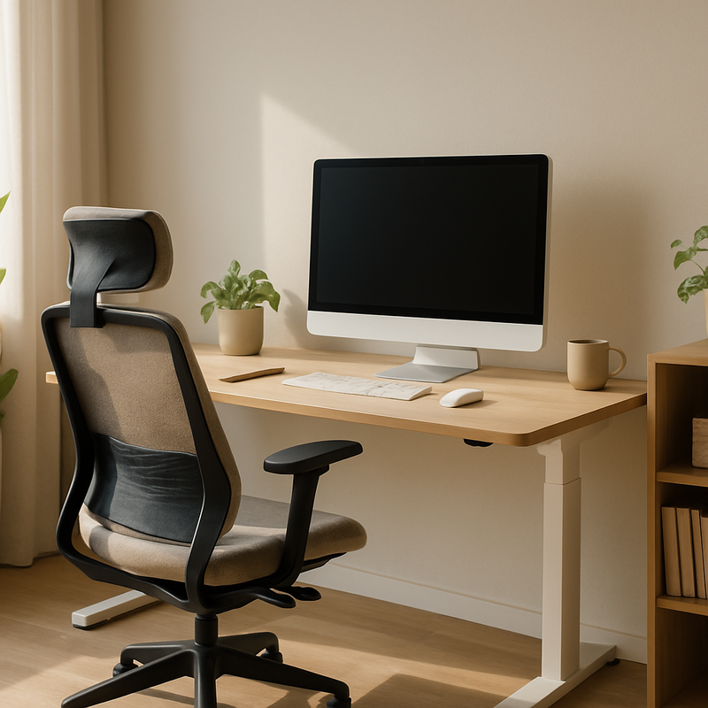 Moderne thuiswerkplek met verstelbaar bureau en ergonomische stoel in Scandinavisch design