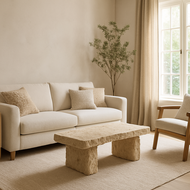 Woonkamer met houten meubels, zachte textiele details en een natuurstenen salontafel