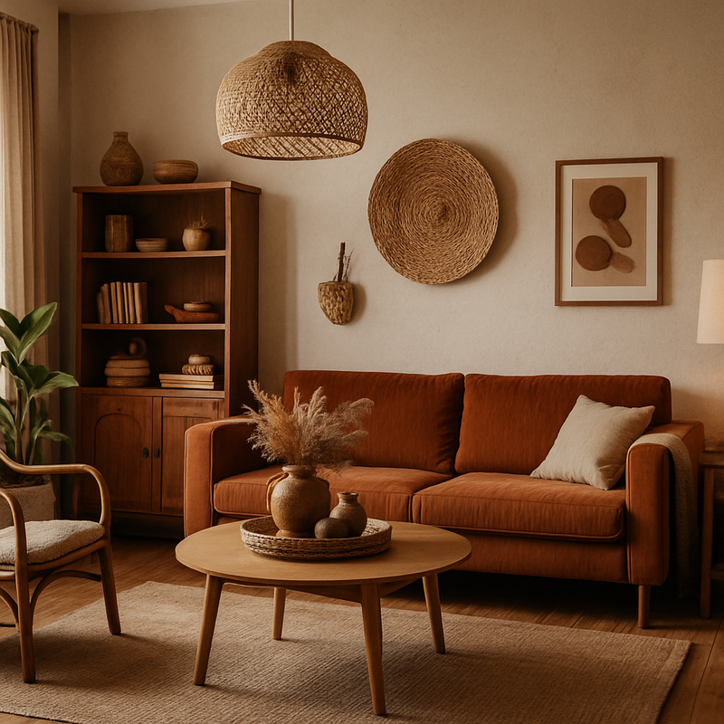 Modern leefruimte met natuurlijke materialen en persoonlijke decoraties voor een warme sfeer