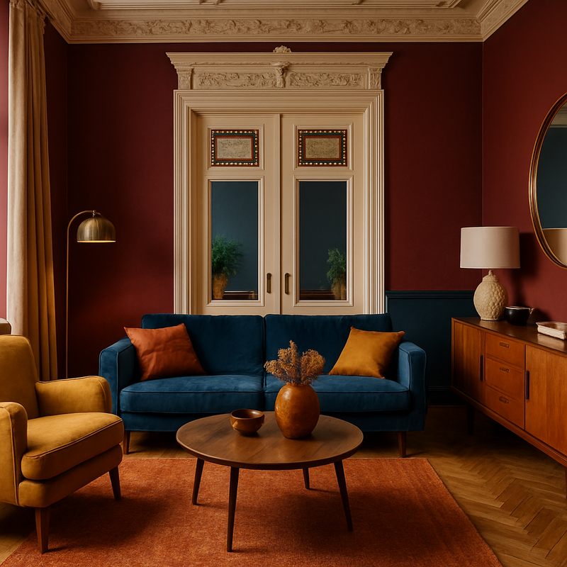 Moderne woonkamer met klassieke sierlijsten en diepe bordeauxrode en blauwe muren, gecombineerd met vintage en moderne meubels.