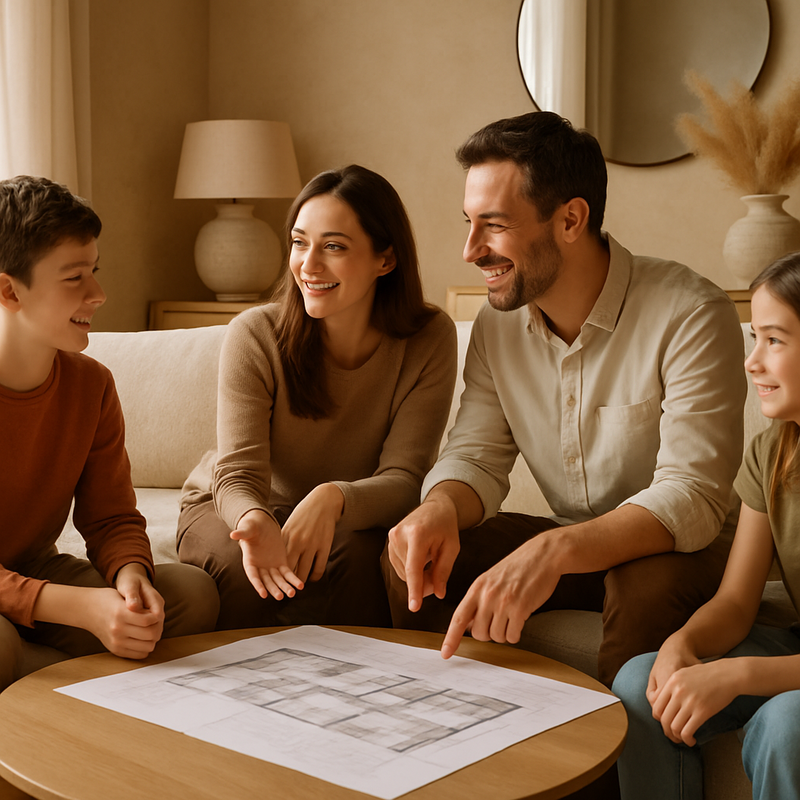 Familie in moderne woonkamer met aardse kleuren en natuurlijke materialen overlegt over interieur
