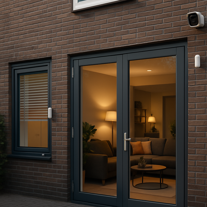 Slimme beveiligingssensoren op deuren en ramen van een moderne woning
