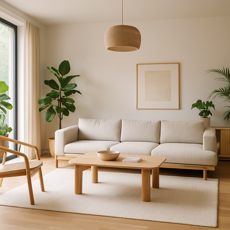 Moderne woonkamer met duurzame meubels en veel natuurlijk licht