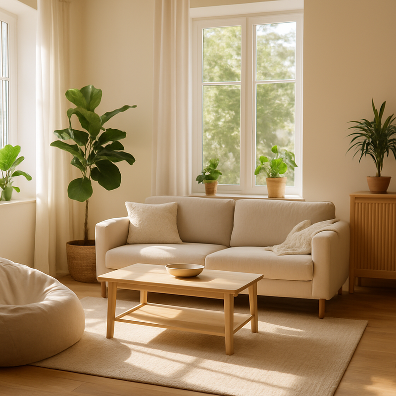 Helder verlichte woonkamer met grote ramen, planten en comfortabele zithoek