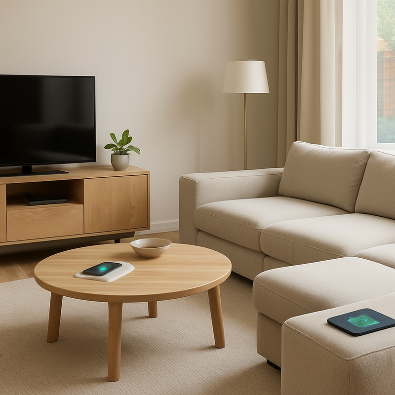 Modern Nederlands interieur met slimme modulaire meubels en draadloze opladers