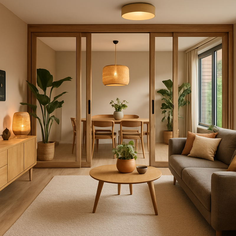 Moderne open-concept woonkamer met natuurlijke lichtinval, planten en flexibele afscheidingen