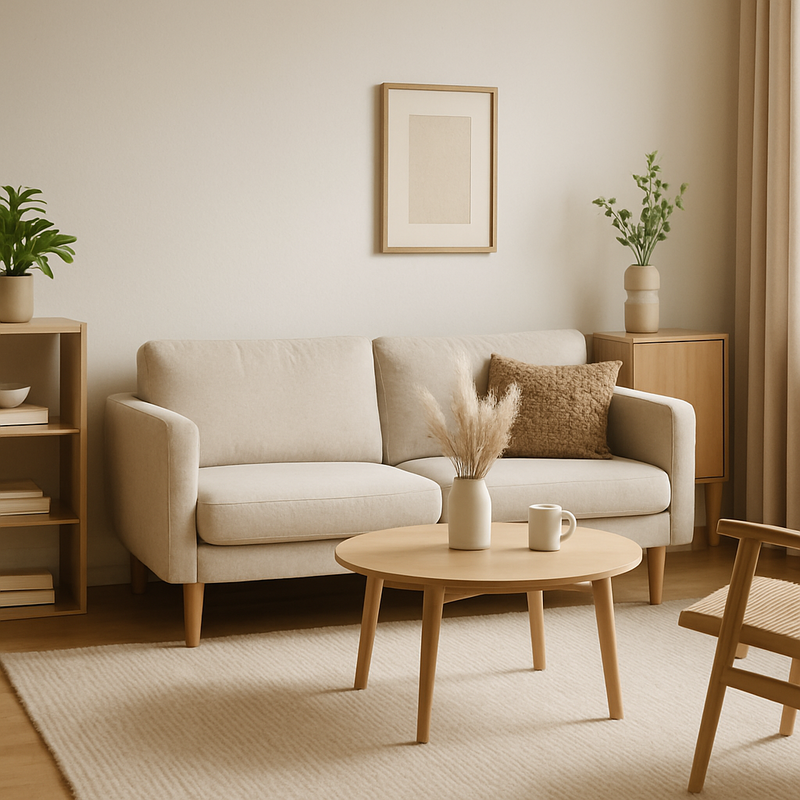 Minimalistisch ingerichte woonkamer met neutrale kleuren, veel licht en functionele meubels