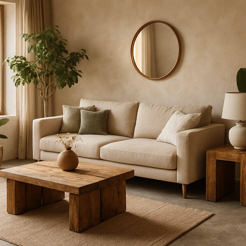 Stijlvolle woonkamer met circulaire materialen, gerecyclede meubels en duurzame vloeren