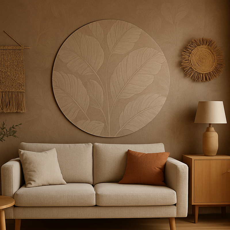 Moderne woonkamer met warm aardetint behang, ronde wanddecoratie en natuurlijke materialen